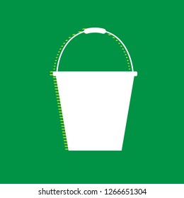 Bucket sign for garden. Vector. White flat icon with yellow striped shadow at green background.