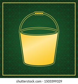 Bucket sign. Golden icon with gold contour at dark green gridded white background. Illustration.