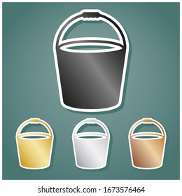 Bucket sign. Set of metallic Icons with gray, gold, silver and bronze gradient with white contour and shadow at viridan background. Illustration.