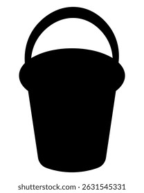 Bucket. Silhouette. Plastic bucket with handle raised up. Vector illustration. Isolated white background. Black container for gardening, cleaning, garbage collection. Idea for web design.