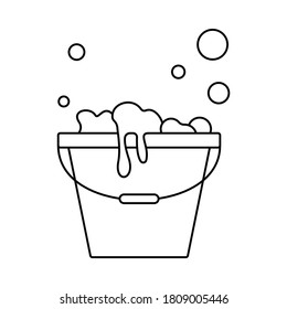 Bucket With Soap Foam, Line Art Vector, Flat Icon Design