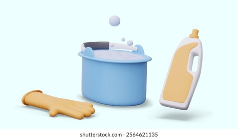 Bucket with soap foam, rubber glove, plastic bottle with detergent. Set of vector elements on blue background. Creative cleaning concept with packaging mockup