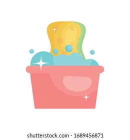 cubo con agua de jabón e icono de brocha sobre fondo blanco, estilo plano, ilustración vectorial