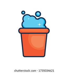 Bucket With Soapy Water Icon Over White Background, Line Color Style, Vector Illustration