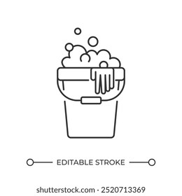 Cubo con icono lineal de agua jabonosa. Suministros de limpieza. Tareas domésticas. Cubo de fregona. Concepto de higiene del hogar. Ilustración de línea delgada. Símbolo de contorno. Dibujo de contorno de Vector. Trazo editable