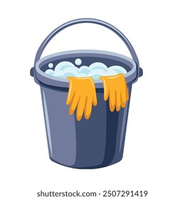 A bucket of soapy water and a pair of yellow rubber gloves. Cleanliness and cleaning concept