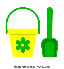 Bucket and spade concept modern design sign close up for playing with sand in sandbox or beach. Kids toys tools icon symbol. Pail shovel label. Flat style vector illustration
