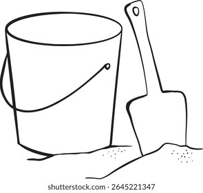 Balde e pá doodle, isolado no fundo branco, clipart de verão