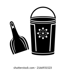 Bucket and spade with sand vector illustration flat icon isolated on white, kid toys tools symbol, pail shovel label, modern design sticker, sandbox place sign badge ribbon, logo