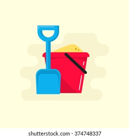 Bucket and spade with sand vector illustration flat icon isolated, kid toys tools symbol, pail shovel label, bucket and spade modern design banner, sandbox place sign ribbon design concept