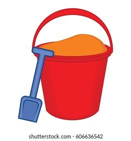Bucket and spade with sand vector illustration flat icon isolated, kid toys tools symbol, pail shovel label, bucket and spade modern design banner, sandbox place sign ribbon design concept