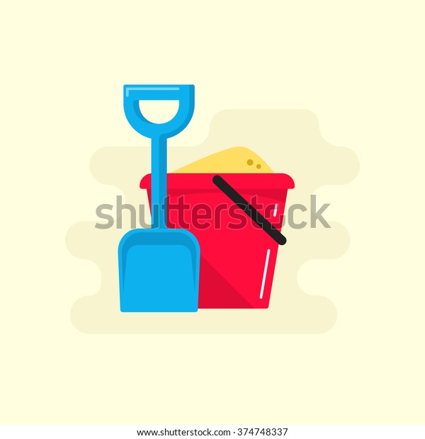 Bucket and spade with sand vector illustration\
flat icon isolated, kid toys tools symbol, pail shovel label,\
bucket and spade modern design banner, sandbox place sign ribbon\
design concept
