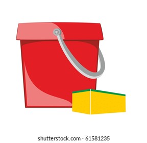 bucket with sponge and by a mop.