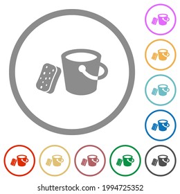 Bucket and sponge flat color icons in round outlines on white background