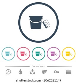 Bucket and sponge flat color icons in round outlines. 6 bonus icons included.