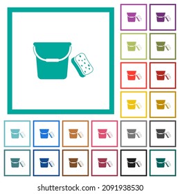 Bucket and sponge flat color icons with quadrant frames on white background