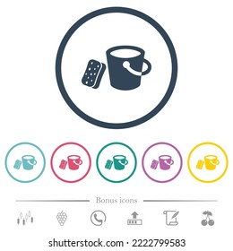 Bucket and sponge flat color icons in round outlines. 6 bonus icons included.