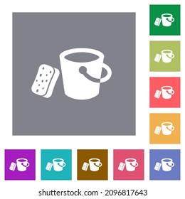 Bucket and sponge flat icons on simple color square backgrounds