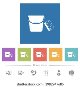 Bucket and sponge flat white icons in square backgrounds. 6 bonus icons included.