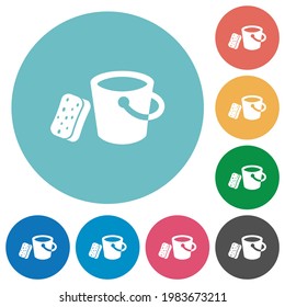 Bucket and sponge flat white icons on round color backgrounds