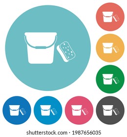 Bucket and sponge flat white icons on round color backgrounds