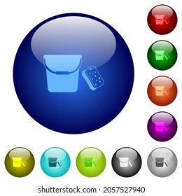 Bucket and sponge icons on round glass buttons in multiple colors. Arranged layer structure