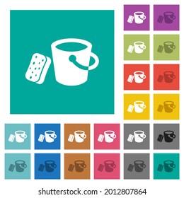 Bucket and sponge multi colored flat icons on plain square backgrounds. Included white and darker icon variations for hover or active effects.