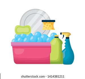bucket sponge soap spray dish spring cleaning tools vector illustration