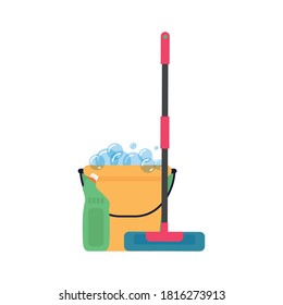 Bucket with spray bottle and mop. Cleaning tools - Vector