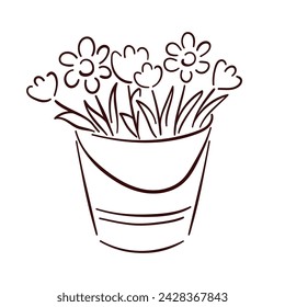 Eimer mit Frühlingsblüten und Tulpenblüten im Line-Art-Stil. Vektor-Illustration isoliert auf weißem Hintergrund.