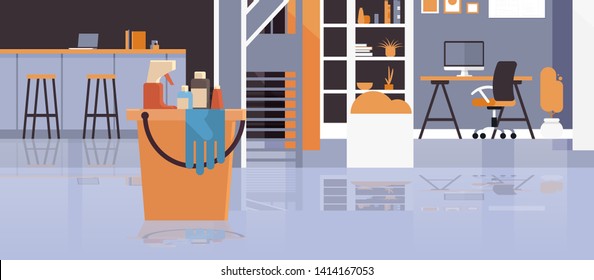 bucket with tools and items cleaning service concept modern co-working center creative office interior horizontal flat vector illustration