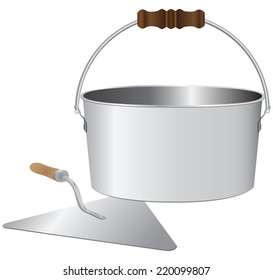 Bucket and trowel bricklayer for mixing cement mortar. Vector illustration.