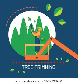 Bucket Truck Lifts The Gardener To The Tops Of The Trees. Garden Worker Trims Trees With Hedge Clippers. Garden Maintenance Concept. Tree Trimming And Pruning Service Icon. Flat Vector Illustration.