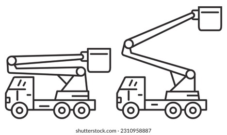 Icono de la línea del camión de cubo.Vista lateral del camión del depósito de combustible.Plataforma aérea.Crane truck con cesta.Camión del depósito de combustible.Plataforma de elevación alta del selector.Ilustración del contorno del vector.Aislado sobre fondo blanco.