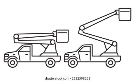 Bucket truck line icon.Bucket boom truck side view.Aerial platform.Crane truck with basket.Bucket boom truck.Picker high lift platform.Vector outline illustration.Isolated on white background.