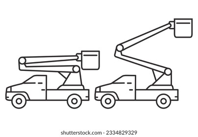 Icono de la línea del camión de cubo.Vista lateral del camión del depósito de combustible.Plataforma aérea.Crane truck con cesta.Camión del depósito de combustible.Plataforma de elevación alta del selector.Ilustración del contorno del vector.Aislado sobre fondo blanco.