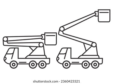 Bucket truck line icon.Bucket boom truck side view.Aerial platform.Crane truck with basket.Bucket boom truck.Picker high lift platform.Vector outline illustration.Isolated on white background.