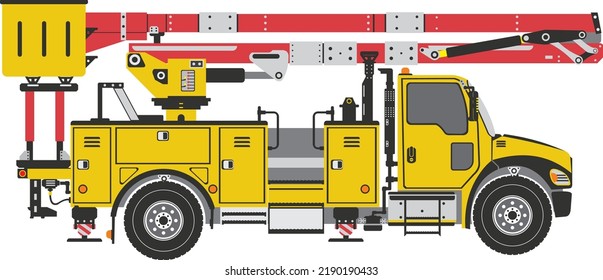 Bucket Truck Or Utility Truck Equipped With An Extendable, Hydraulic Boom Carrying A Large Bucket For Raising Workers To Elevated, Inaccessible Areas In Vector Illustration