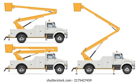 Bucket truck vector illustration isolated on white background. Cherry picker truck side view mockup. All elements in the groups for easy editing and recolor