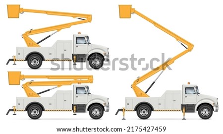 Bucket truck vector illustration isolated on white background. Cherry picker truck side view mockup. All elements in the groups for easy editing and recolor