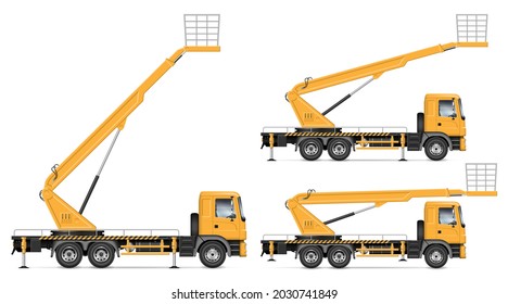 Bucket Truck Vector Illustration View From Side Isolated On White Background. Aerial Work Bucket Vehicle Mockup. All Elements In The Groups For Easy Editing And Recolor.