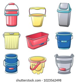 Bucket types container icons set. Cartoon illustration of 9 bucket types container vector icons for web