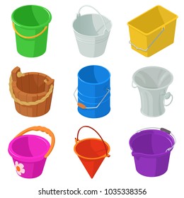 Conjunto de iconos de contenedor de tipos de cubo. Isométrica ilustración de 9 tipos de cubos iconos vectoriales de contenedores para web