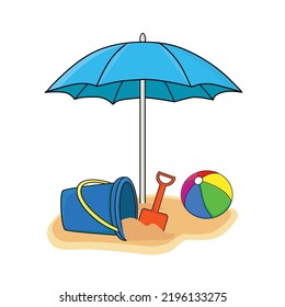 Bucket, Umbrella, Ball Beach, Sandpit Kit Games In The Beach Vector Logo Icon Design Illustration Wallpaper Background