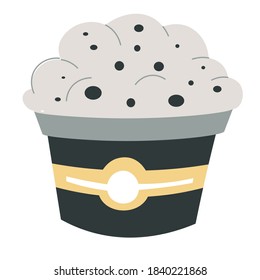 Bucket of vanilla ice cream with chocolate. Mousse ice cream, dessert and sweets in restaurant or cafe. Tasty flavor and delicious recipe. Yoghurt presentation, organic product vector in flat style