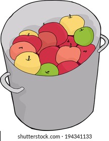 Bucket of various freshly picked apples on white