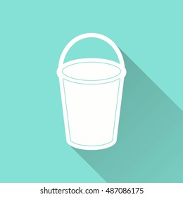 Bucket vector icon with long shadow. White illustration isolated on green background for graphic and web design.