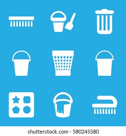 bucket vector icons. Set of 9 bucket filled icons such as from toy for beach, clean brush
