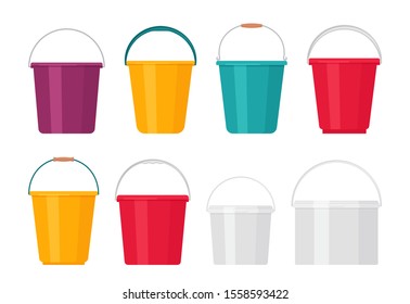 Bucket. Vector. Plastic pail flat icon. Container isolated on white background. Empty basket for water, milk, glue, gardening. Cartoon illustration. Handle pack.