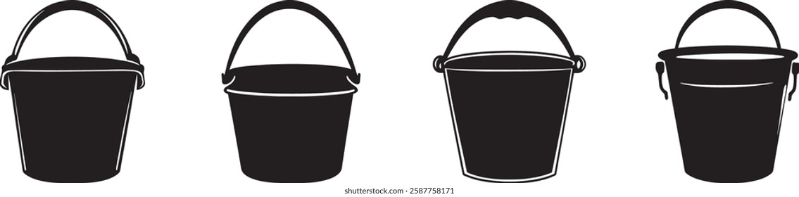 Bucket Vector Set, Black Silhouettes Isolated on White